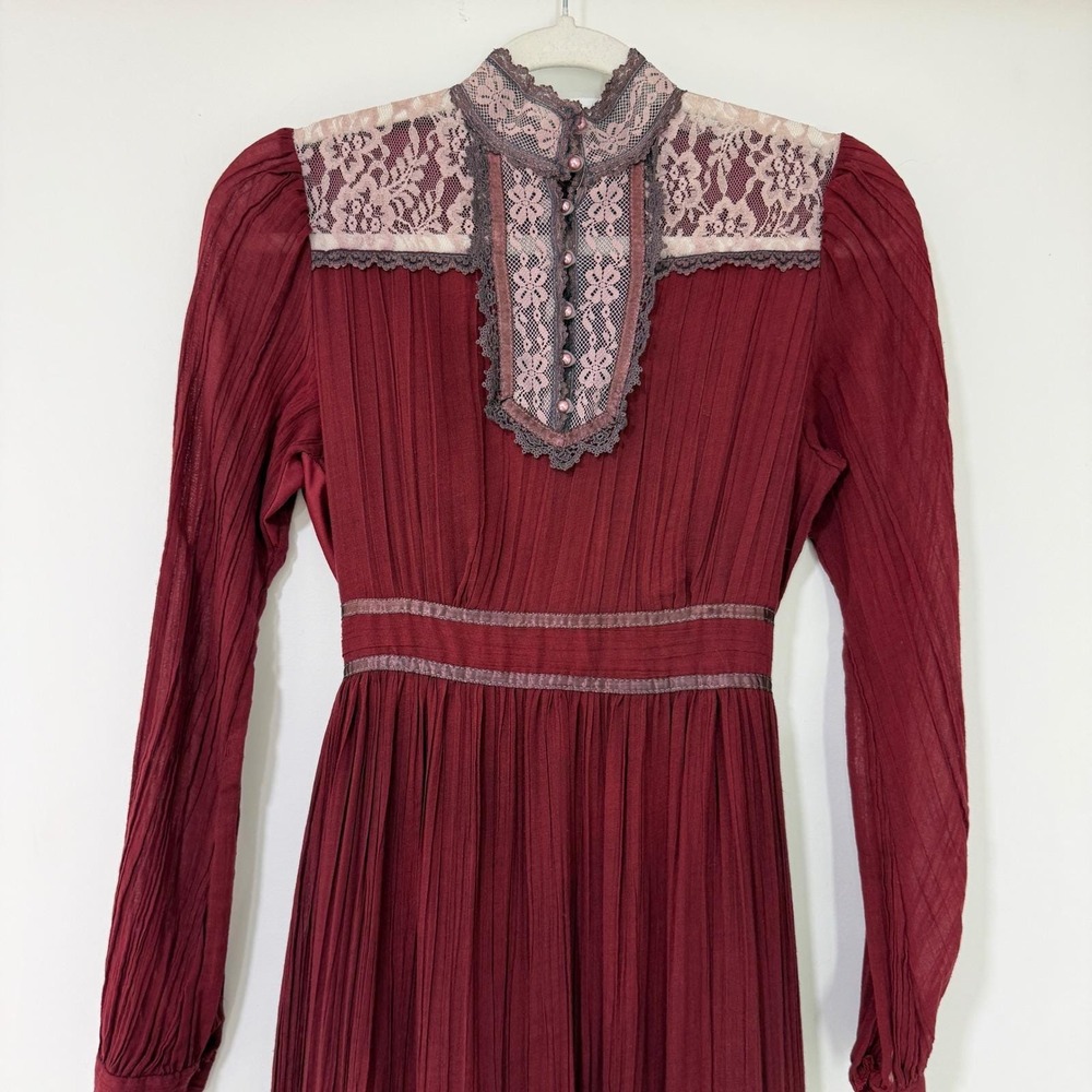 Gunne Sax 70s Vintage Lace Maxi Dress Womens S Burgundy Victorian Prairie - Picture 2 of 15